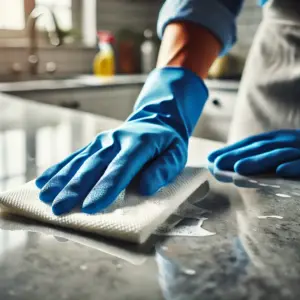 a close up image of a kitchen countertop being cleaned to a shine