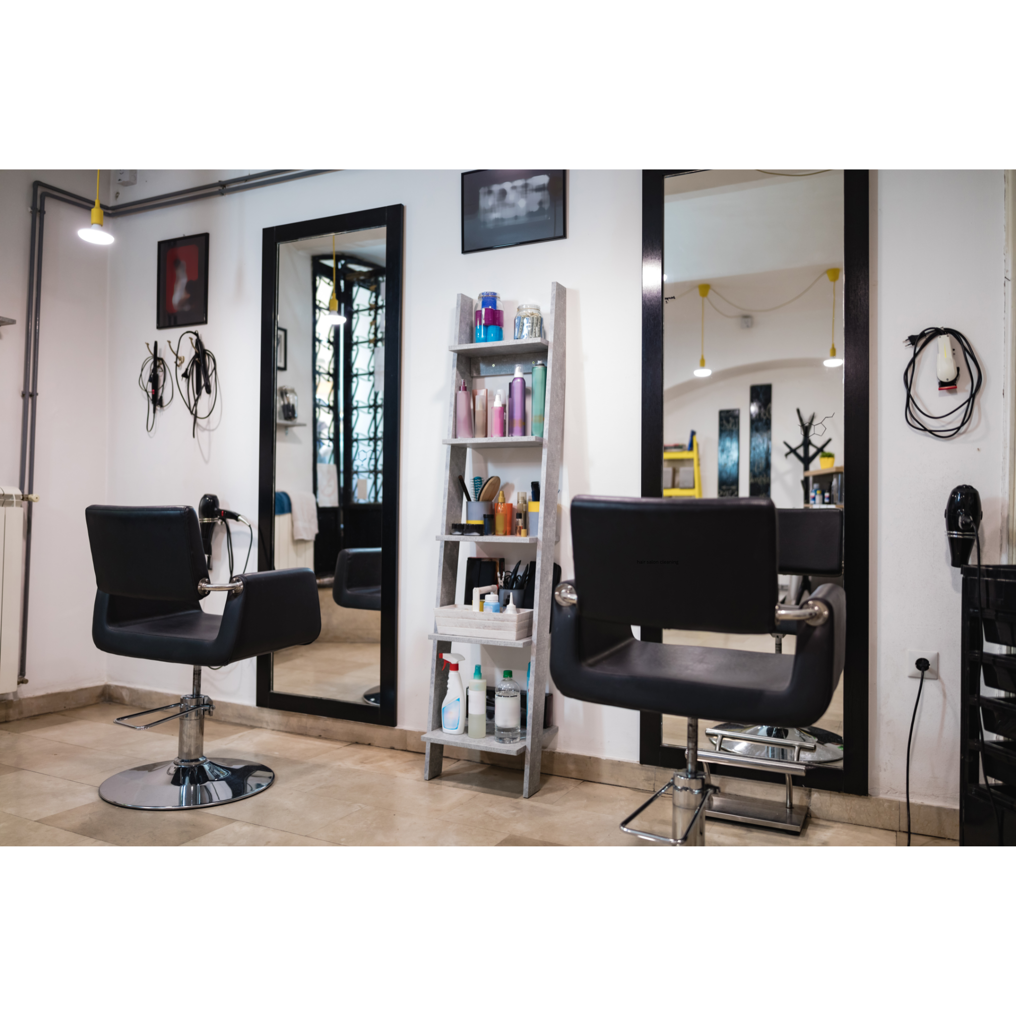 cropped view of a section of a beauty salon interior iwht chairs and mirrors that need professional cleaning service
