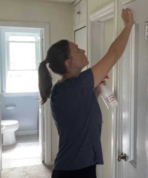 Woman holding a spray bottle while cleaning